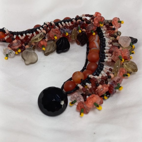 Woven Bracelet, Pink/Brown Agate with Fringe, Flowers, Antique Mourning Button - Picture 6 of 8